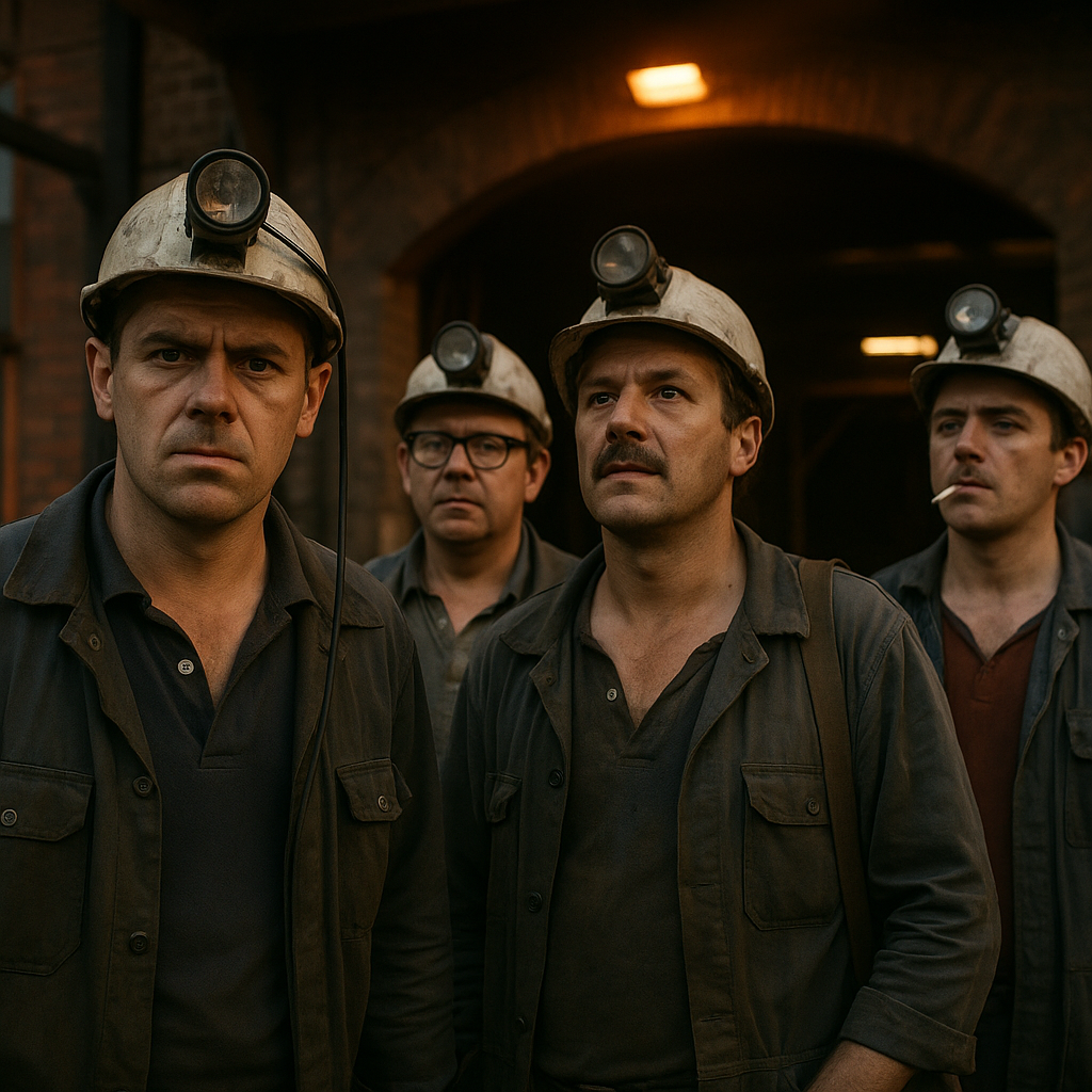 British miners outside a colliery entrance in the debate over whether to reopen UK coal mines
