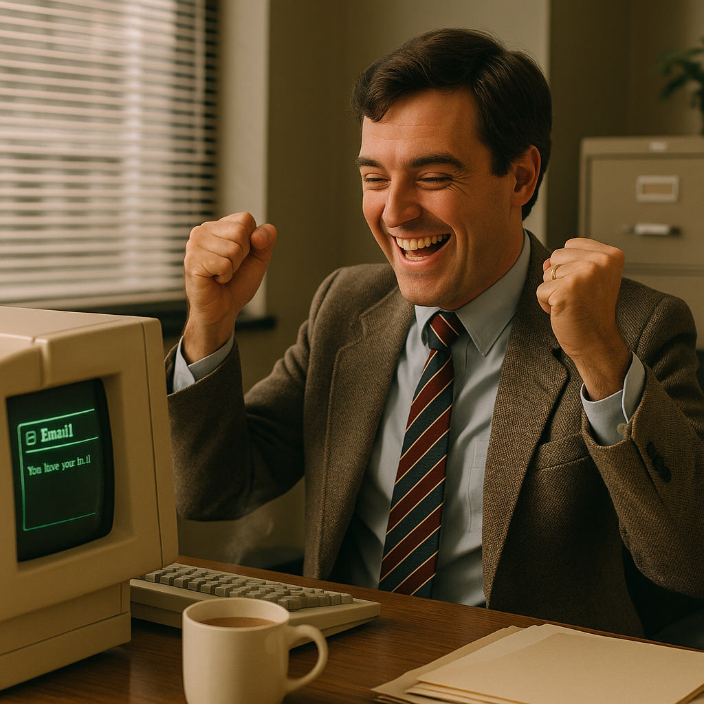 Happy British office worker celebrating improved email deliverability at a retro desk