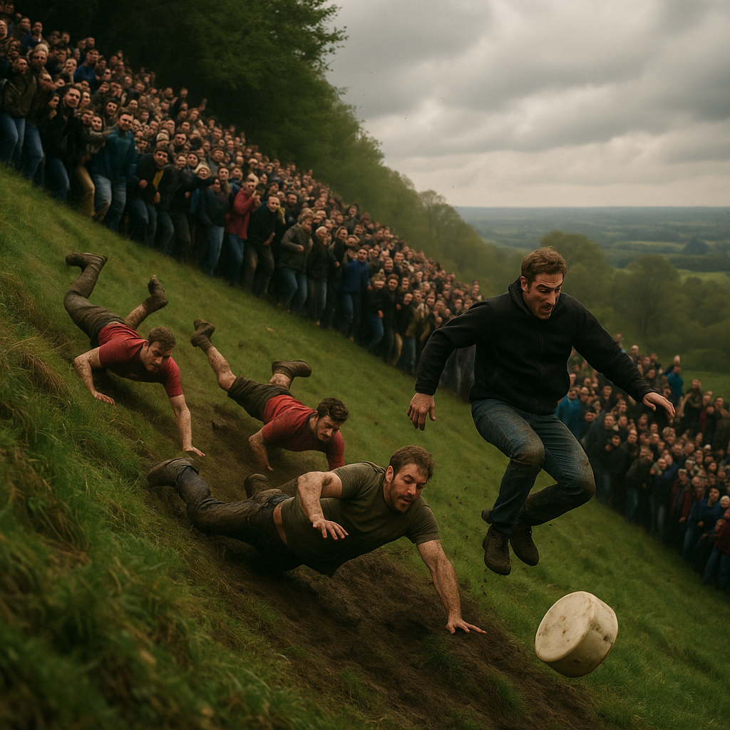 Spectators watching cheese rolling as part of British local traditions on a Gloucestershire hillside