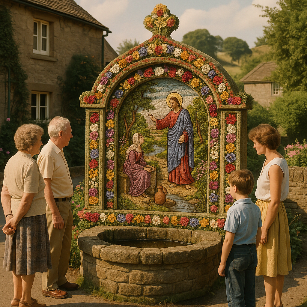 Ornate well dressing display representing British local traditions in a Derbyshire Peak District village