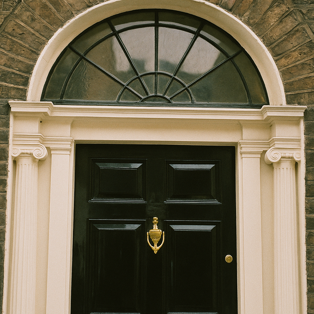 Close-up of a Georgian townhouse front door with fanlight window, a characteristic detail of Georgian townhouse architecture