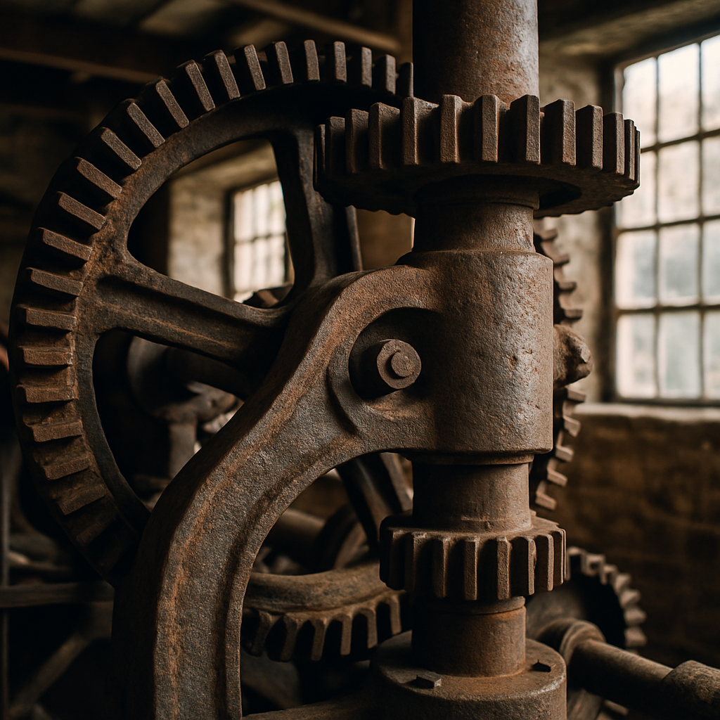 Close-up of preserved cast iron machinery highlighting the craftsmanship of British industrial heritage