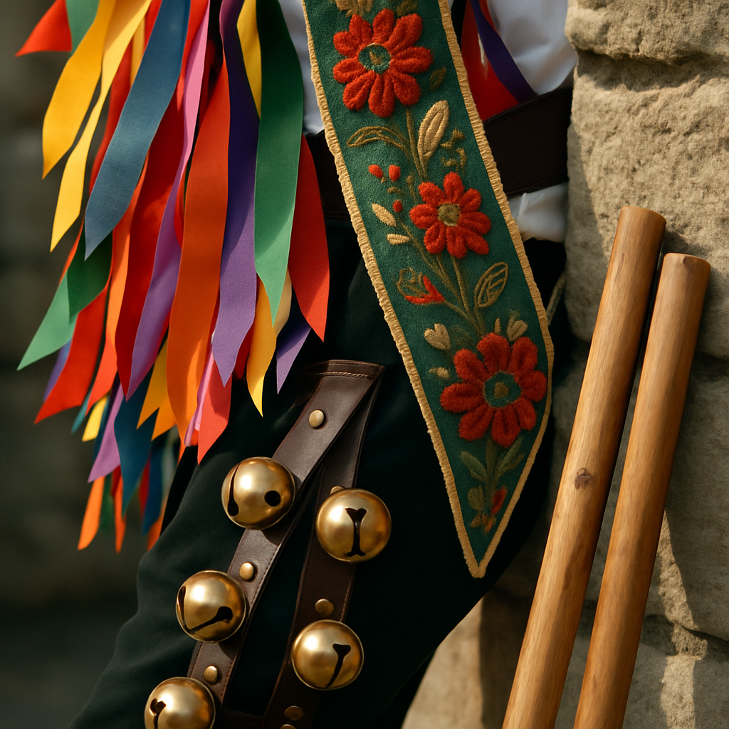 Close-up of traditional Morris dancing costume and bells, part of morris dancing history england