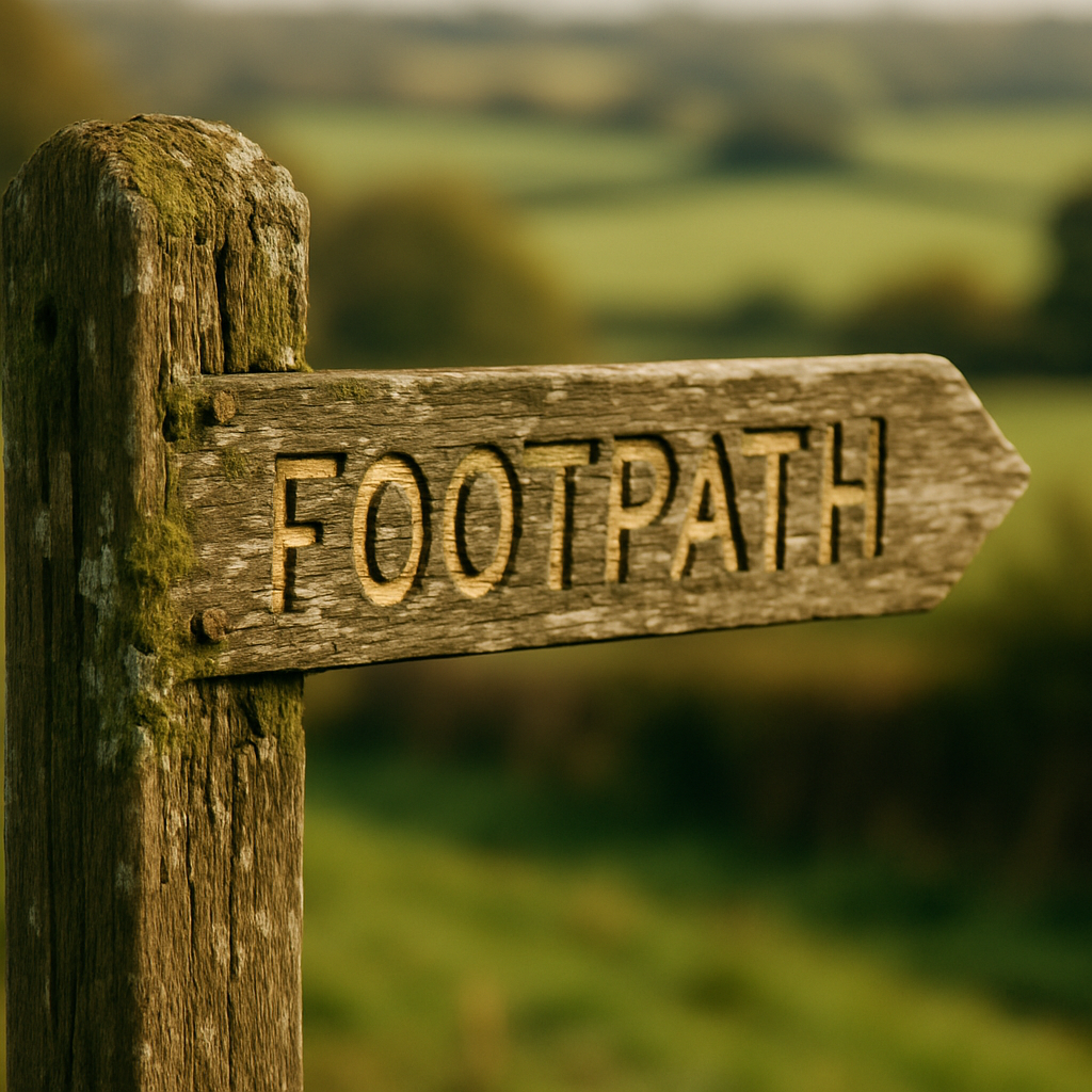 Weathered wooden footpath signpost in a British field, a detail from the history of English public footpaths