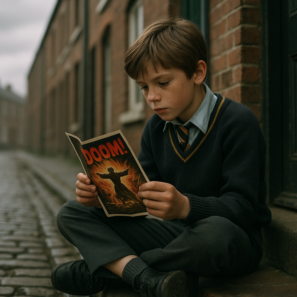 Young British boy reading a penny dreadful pamphlet on a terraced street evoking penny dreadful Victorian history
