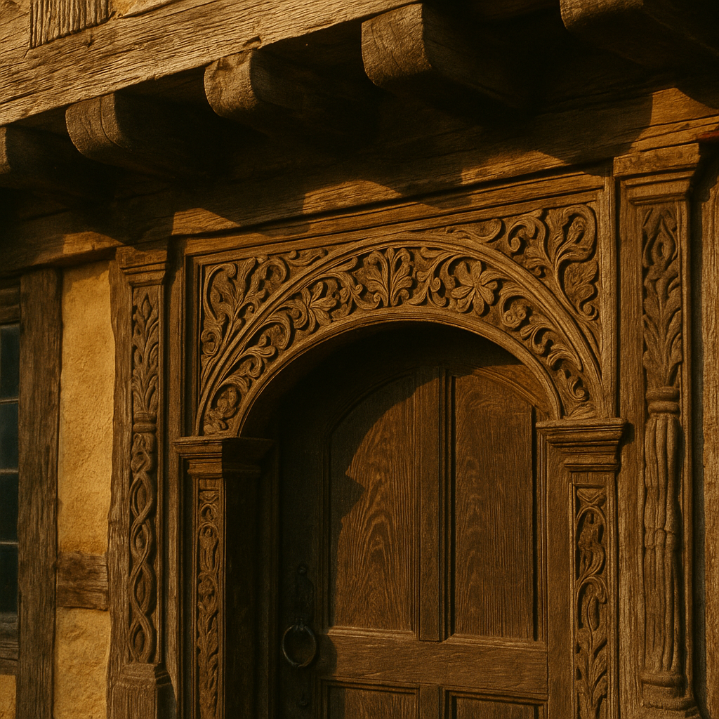 Carved medieval doorway of a Cotswold wool merchant's house, reflecting medieval wool towns England heritage