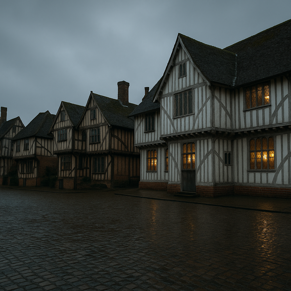 Lavenham market square showing the medieval guildhall, a key example of medieval wool towns England heritage