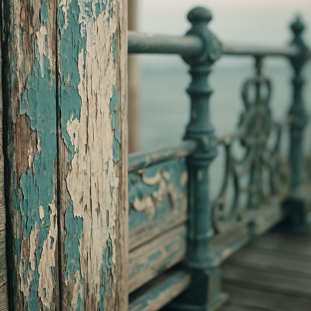 Weathered Victorian pier boards and ironwork at a British seaside resort showing layers of history in peeling paint