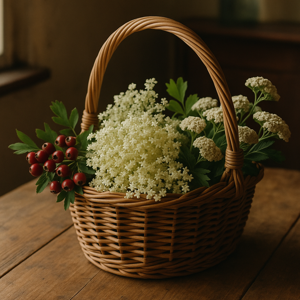 Wicker basket of foraged plants used in British hedgerow remedies including elderflower and yarrow