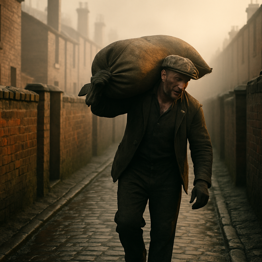 A coalman carrying a hessian sack down a terraced back alley, representing the British coal delivery round