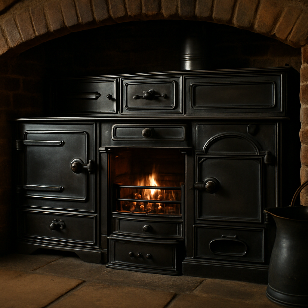A fully restored Victorian kitchen range set into a period brick fireplace with coal scuttle alongside