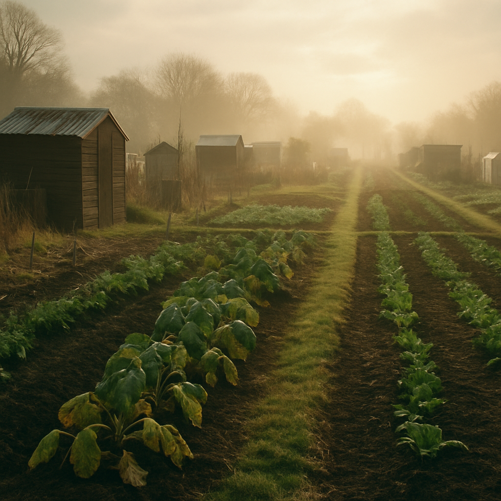 A traditional British allotment site on an autumn morning, reflecting the long history of British allotments