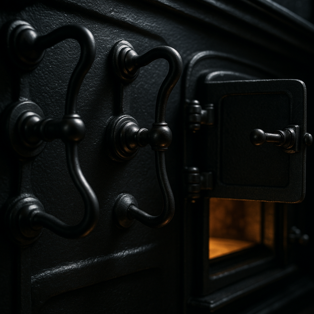 Close-up detail of damper levers and black lead finish on a Victorian kitchen range