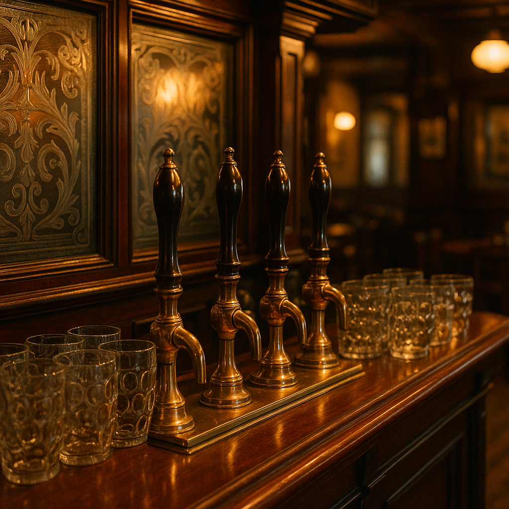 Mahogany bar counter inside a historic British pub representing the history of british pubs
