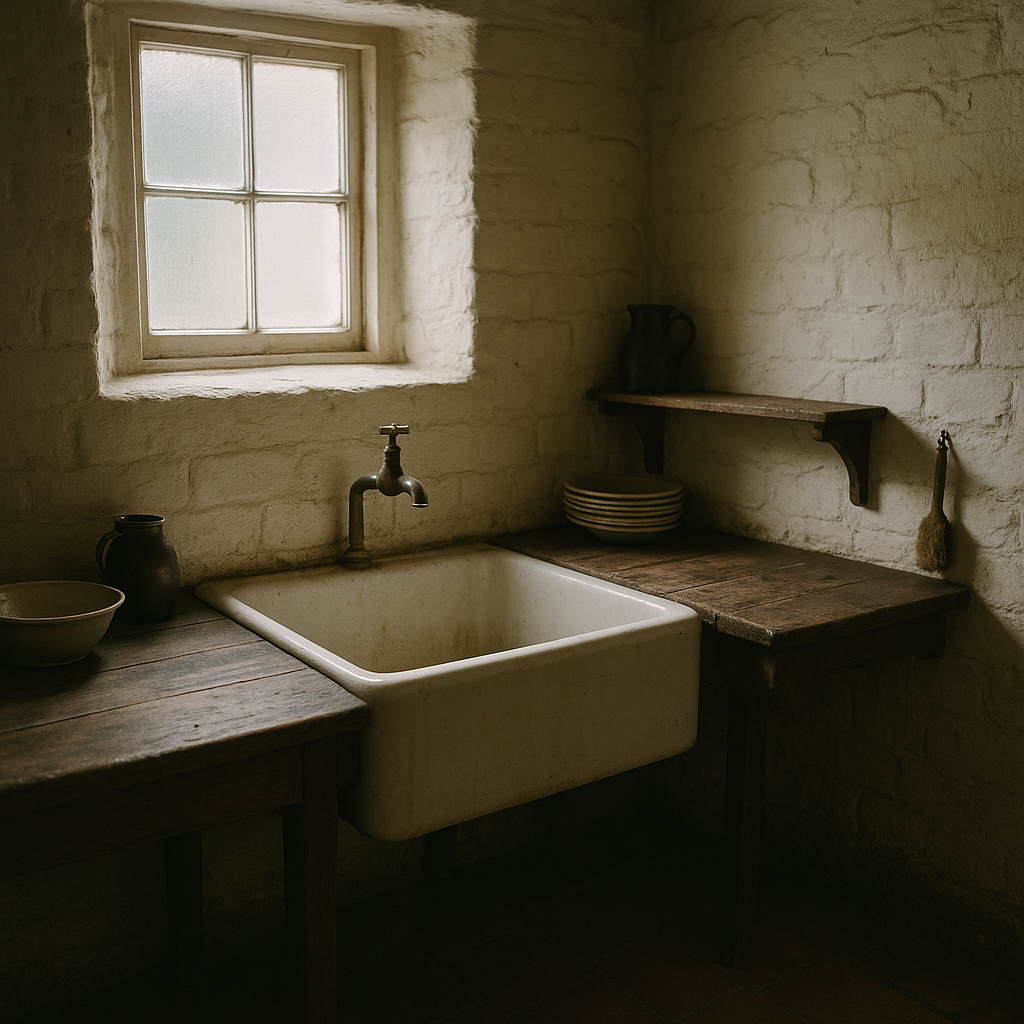 Original Victorian British scullery interior with stone sink and quarry tile floor