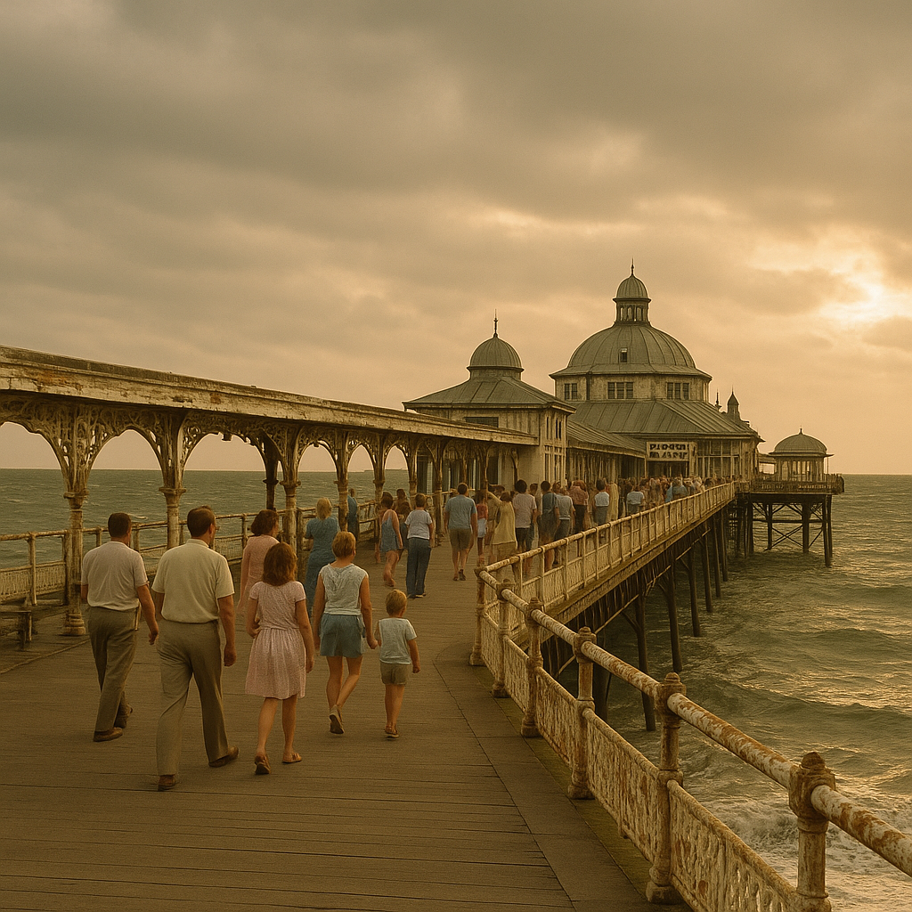 Victorian pier at a forgotten British seaside resort on an overcast summer afternoon