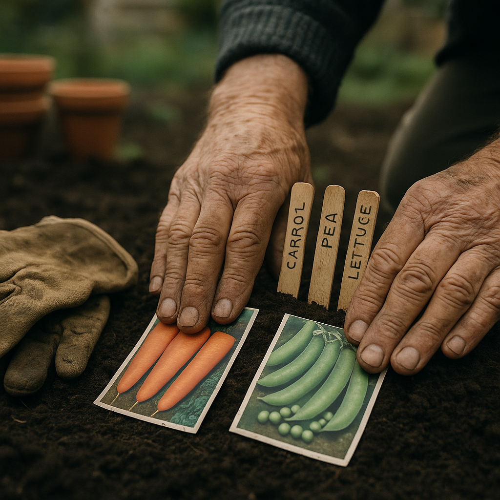 Weathered hands planting seeds on a British allotment plot, a detail image representing the history of british allotments