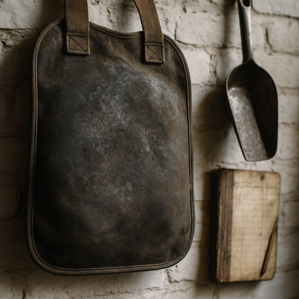 Worn leather back pad and coalman's tools, detail shot from a British coal delivery round