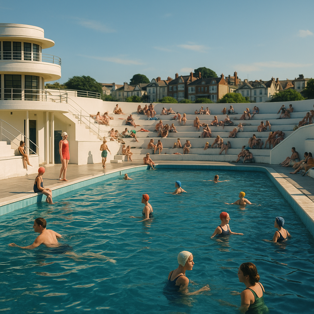 1930s art deco British lidos with curved white walls and sunbathing terraces on a sunny summer day
