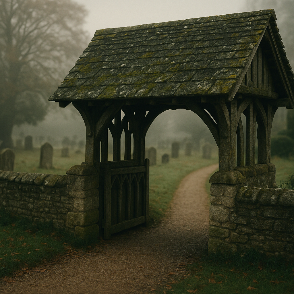 Ancient lychgate at an English parish church on a misty morning, evoking corpse roads england history