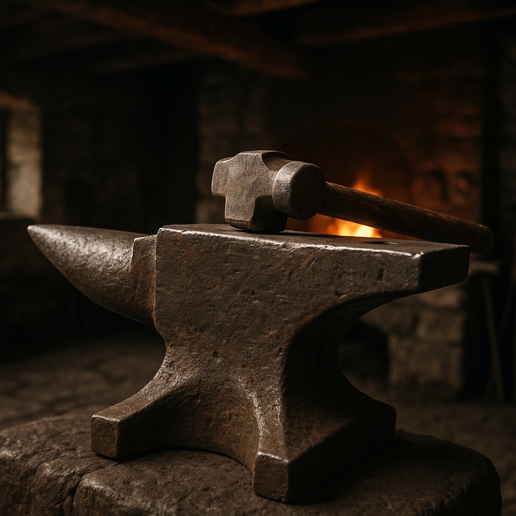 Close-up of a heavy iron anvil and hammer in a traditional parish blacksmith's workshop
