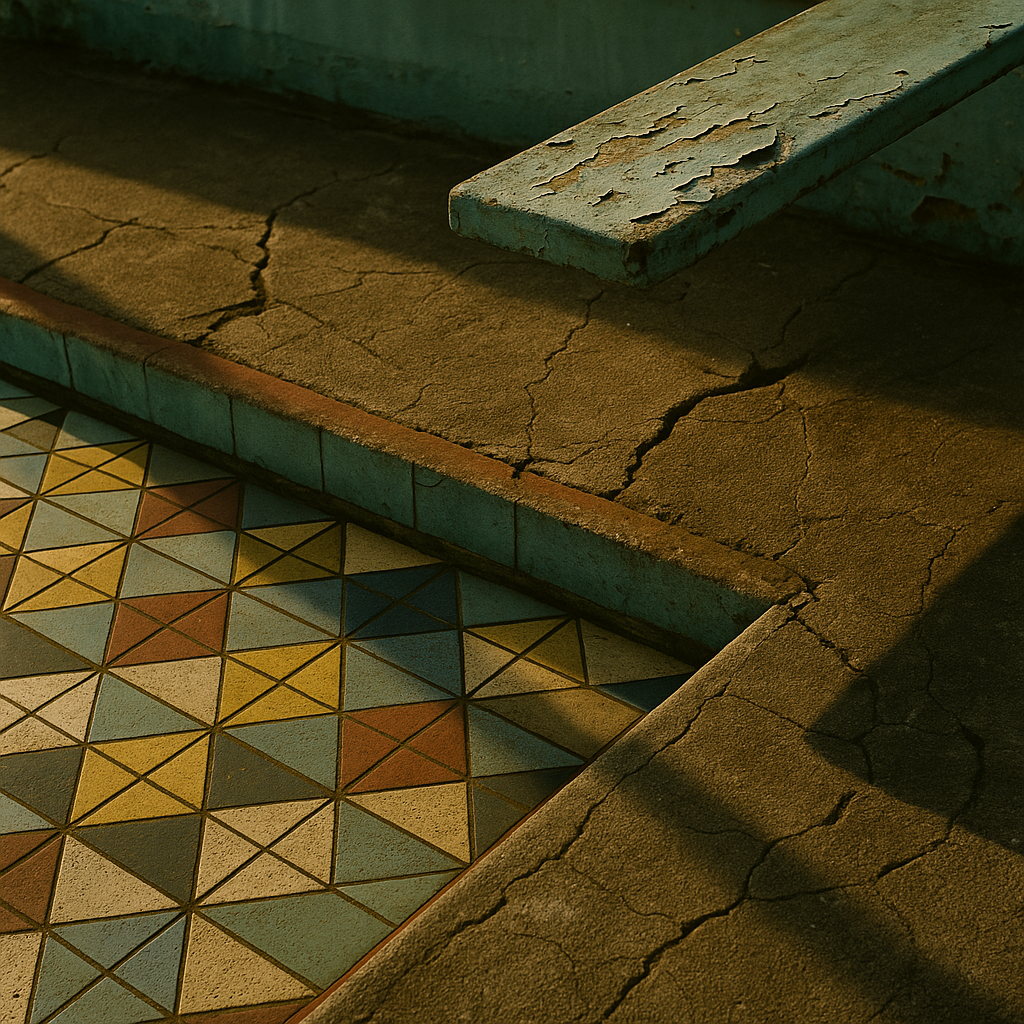 Cracked mosaic tiles and weathered poolside details at a derelict British lido