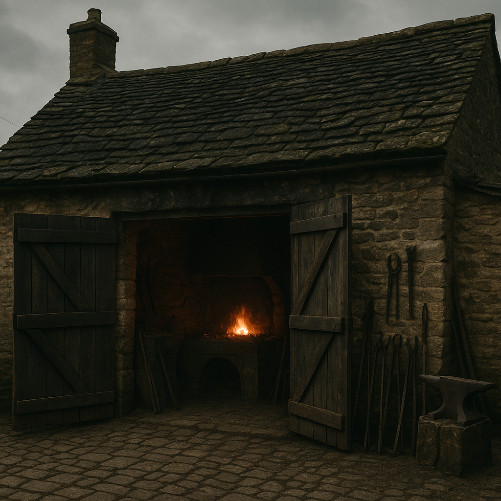 Historic English village parish blacksmith forge exterior with open doors and glowing fire