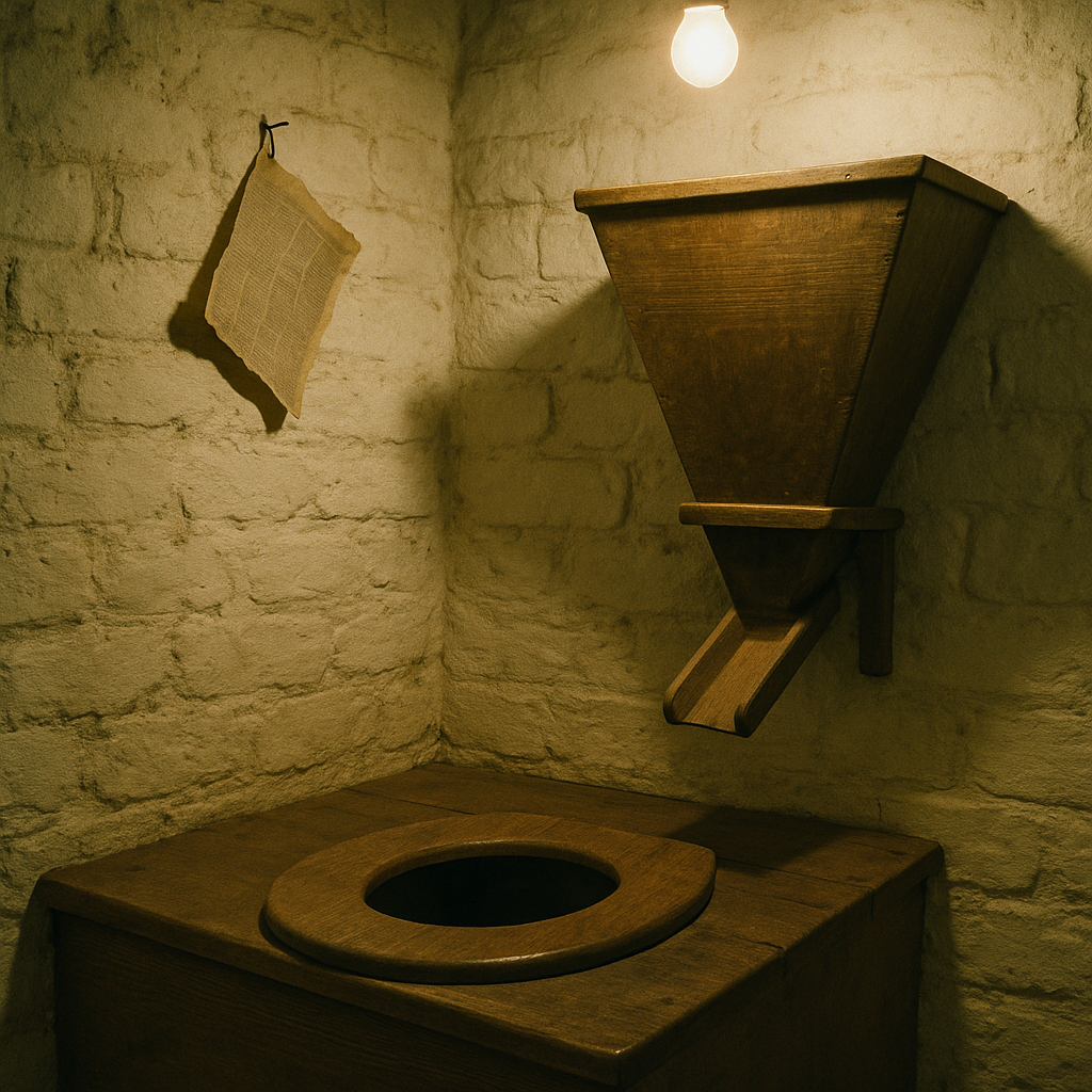 Interior detail of a Victorian earth closet showing wooden seat and hopper, part of outside toilet history england privy