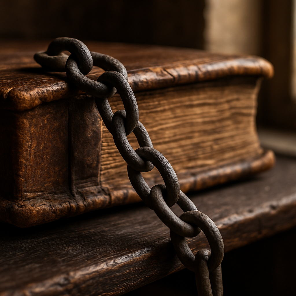 Iron chain attached to an antique leather bound book representing chained libraries england history