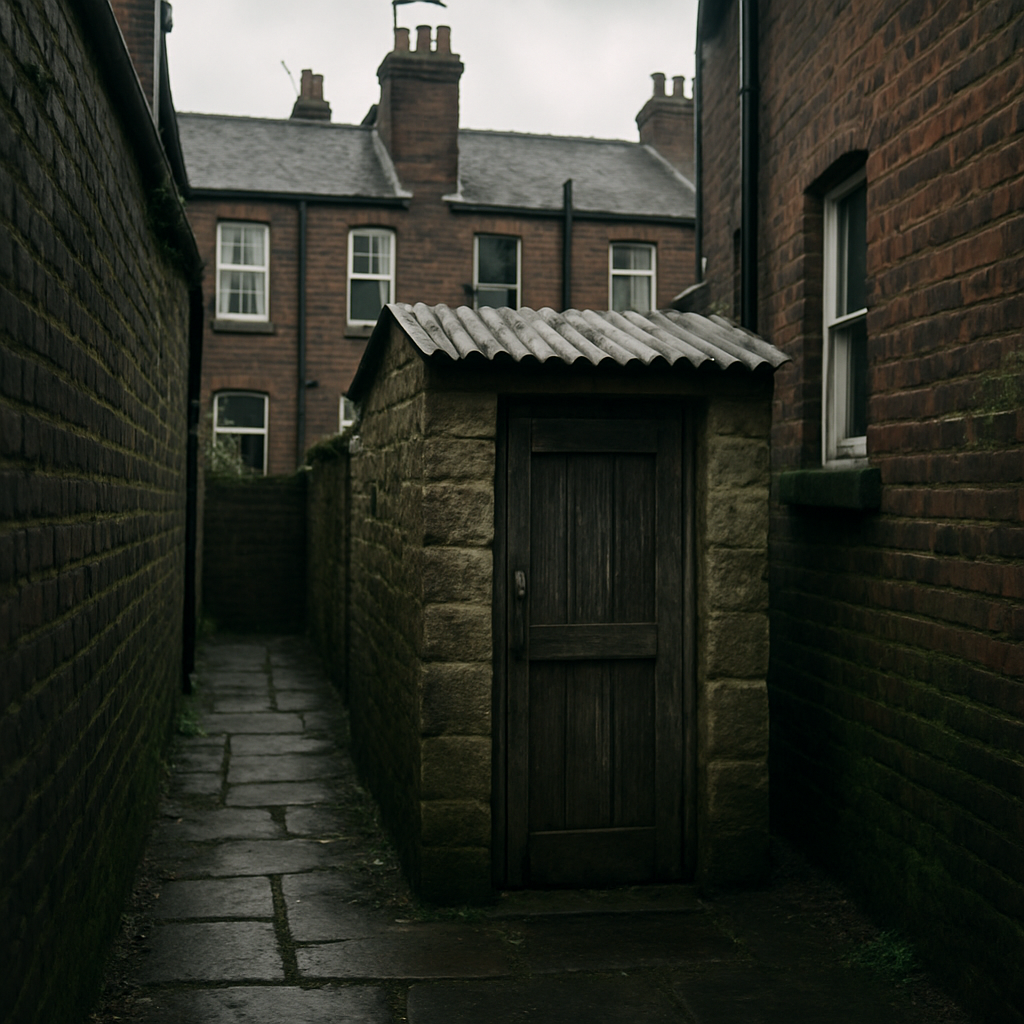 Victorian outdoor privy in a terraced back yard, illustrating outside toilet history england privy