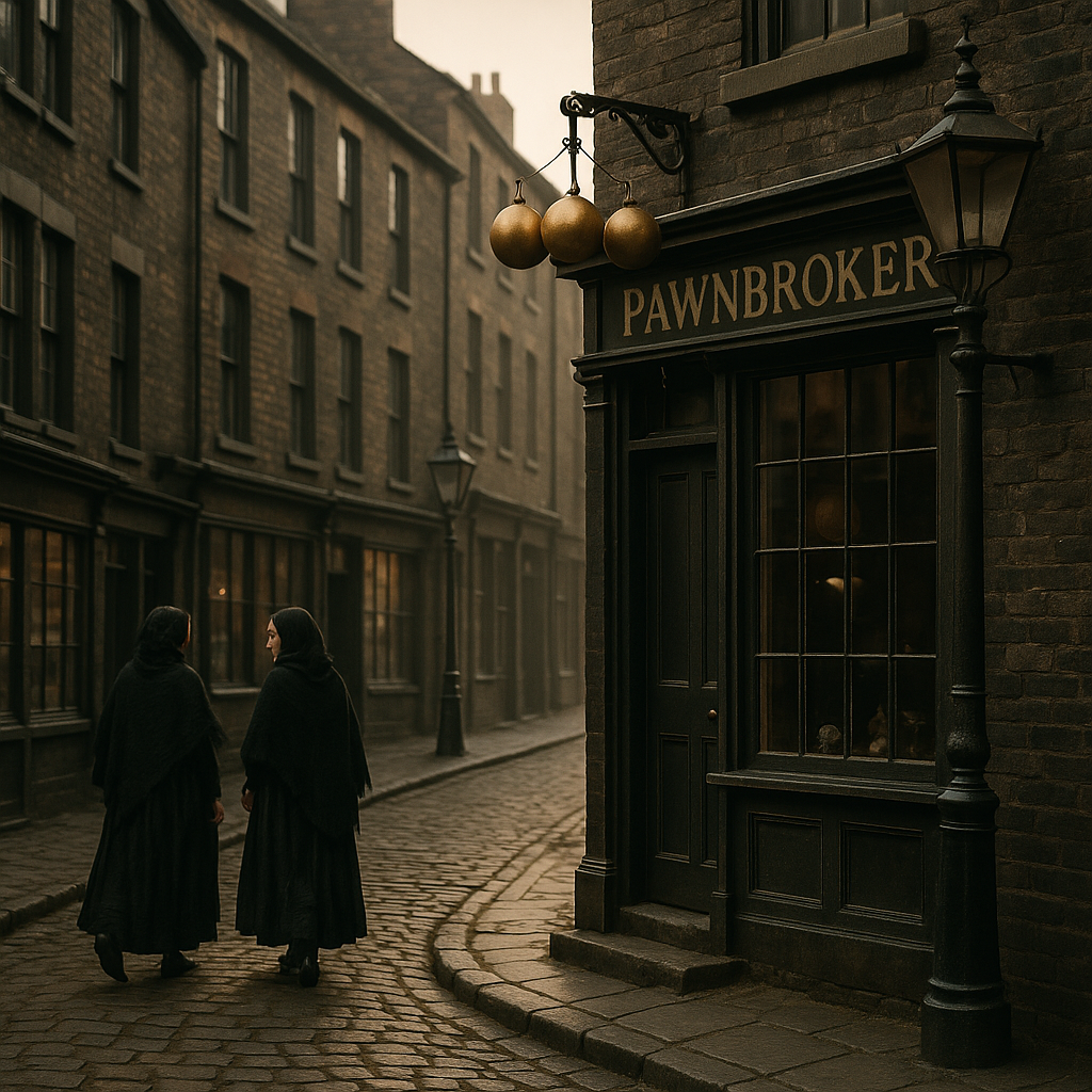 Victorian pawnbroker shop with three golden balls on a northern England high street, illustrating the history of pawnbroking in Britain
